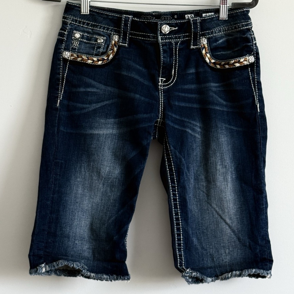 Miss Me Jeans Mid Rise Burmuda Shorts 28 Denim Embellished